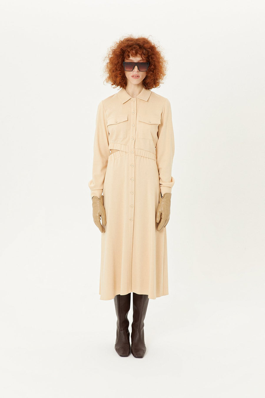 Beige Waist: Low - cut Shirt Dress | Porterist