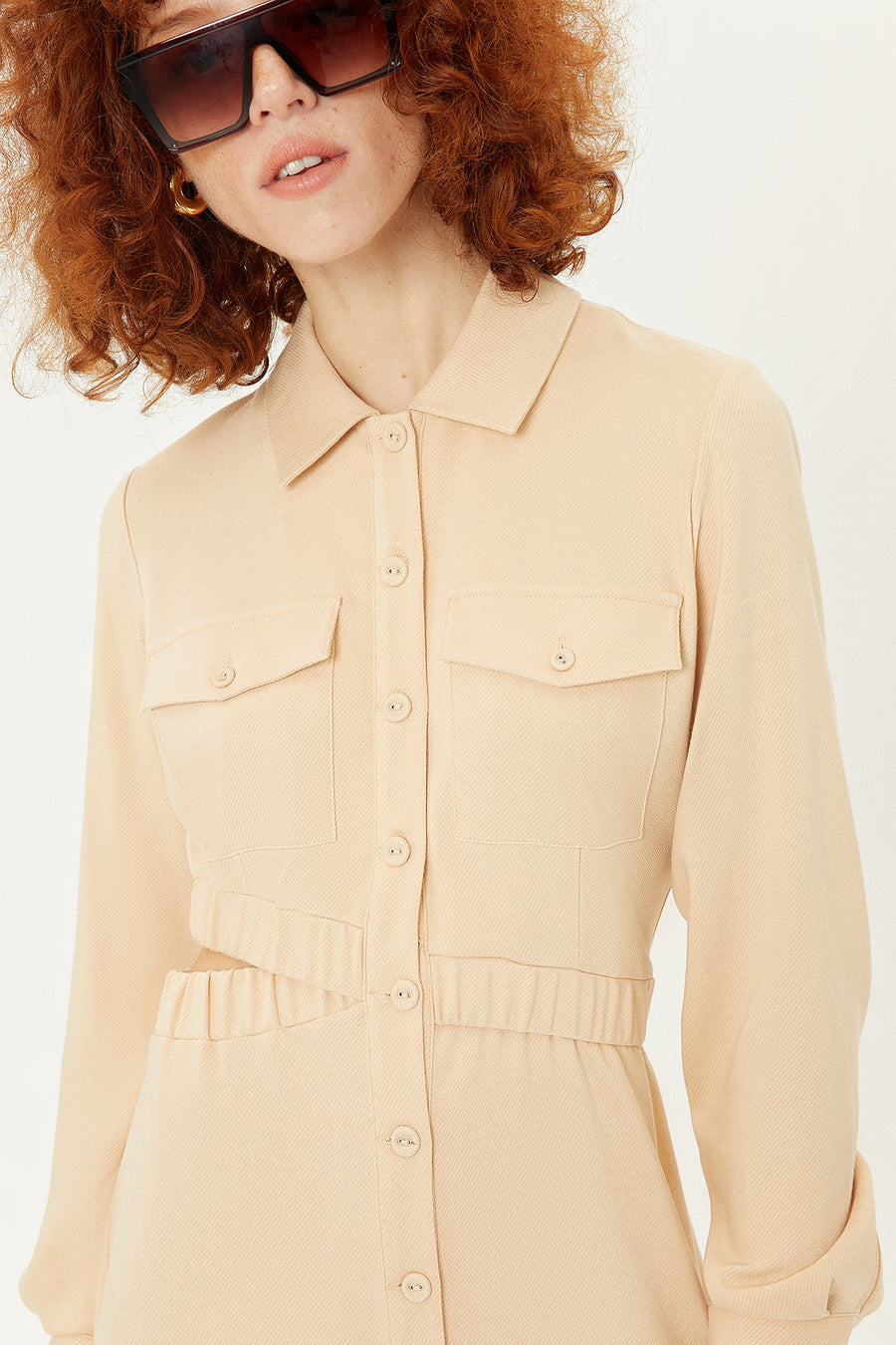 Beige Waist: Low - cut Shirt Dress | Porterist