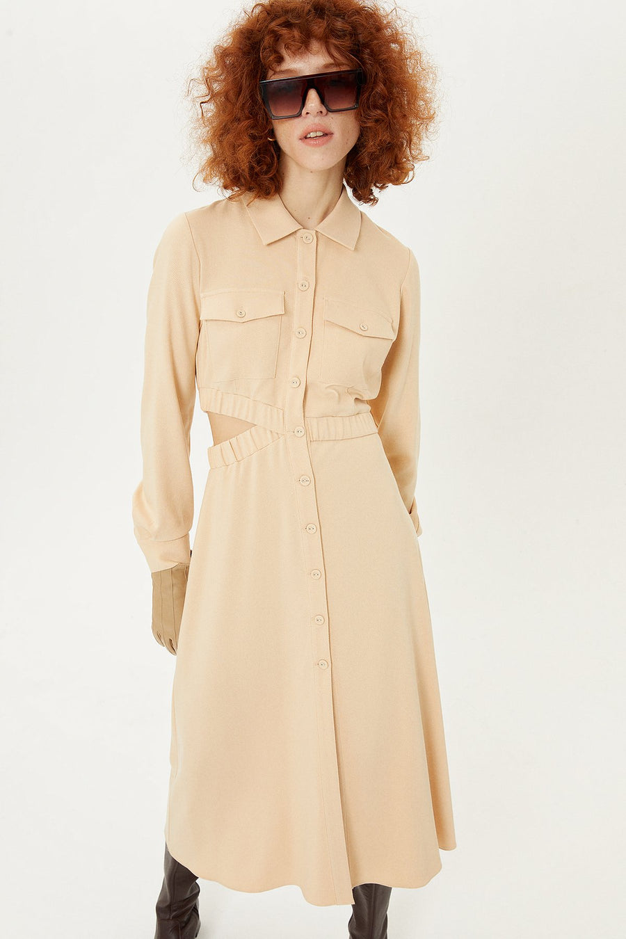 Beige Waist: Low - cut Shirt Dress | Porterist