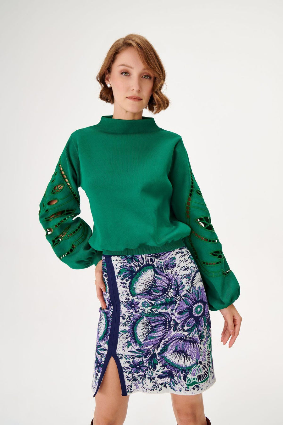 Mandarin Collar Green Knit Sweater With Embroidered Sleeves