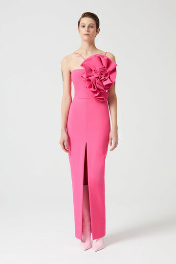 Fuchsia Drape Rose Detailed Dress with Slit at the Front