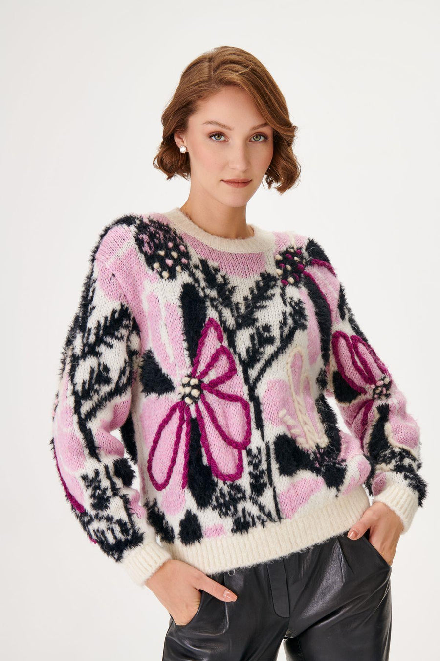 Handcrafted Flower Patterned Wool Blend Multi Knit Sweater