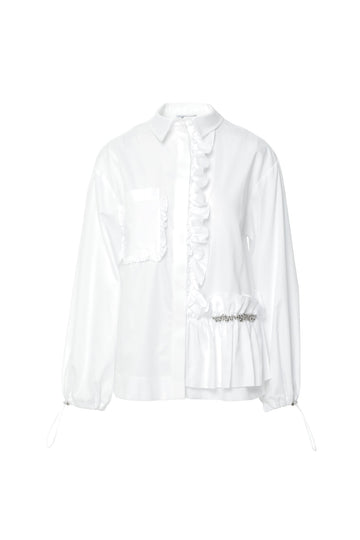 Asymmetrical Embroidered White Shirt With Ruffle Detailed