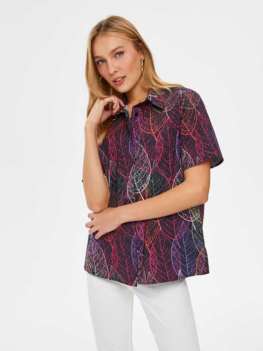 Black Big Leaf Pattern Short Sleeve Poplin Shirt 67301