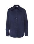 Navy Blue Oversize Shirt With Wide Collar Button Detail