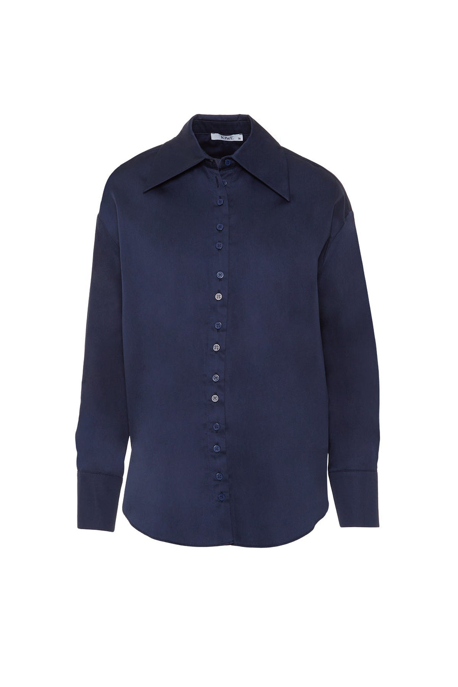 Navy Blue Oversize Shirt With Wide Collar Button Detail