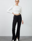 Black Flare Pants With Waist Tie Detail And Front Slits