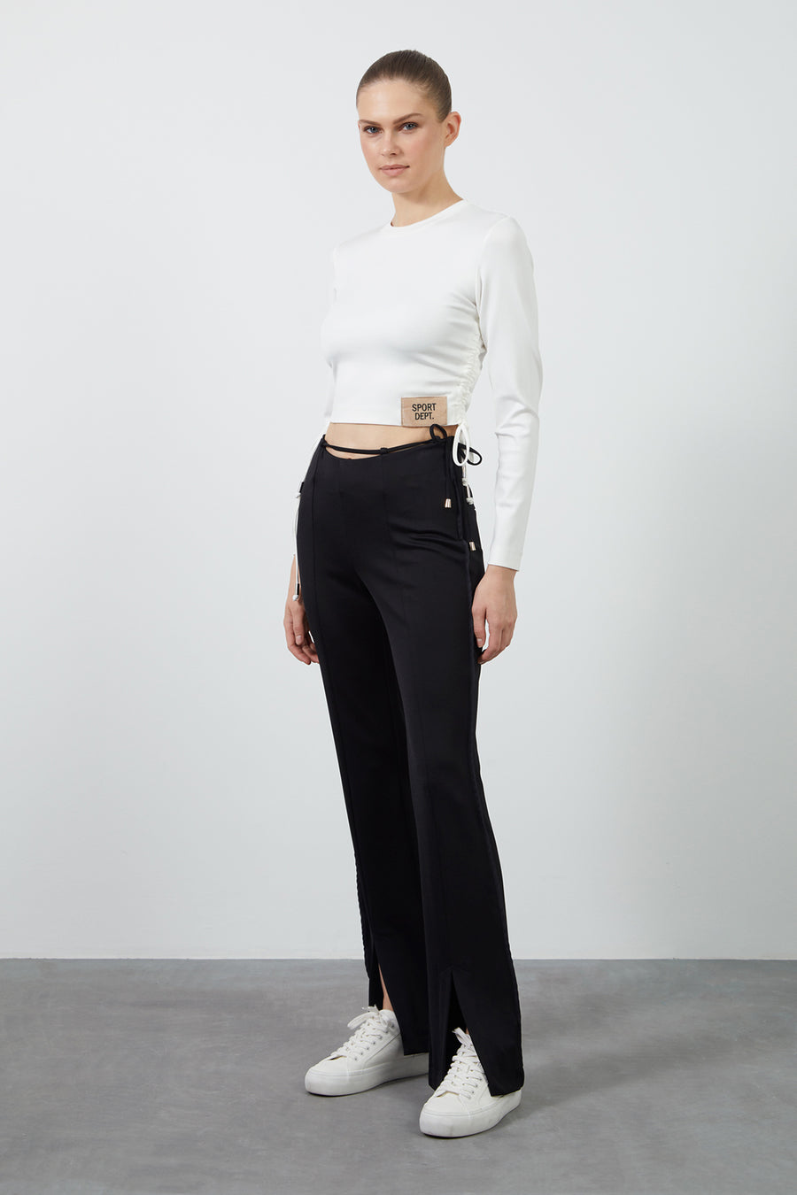 Black Flare Pants With Waist Tie Detail And Front Slits