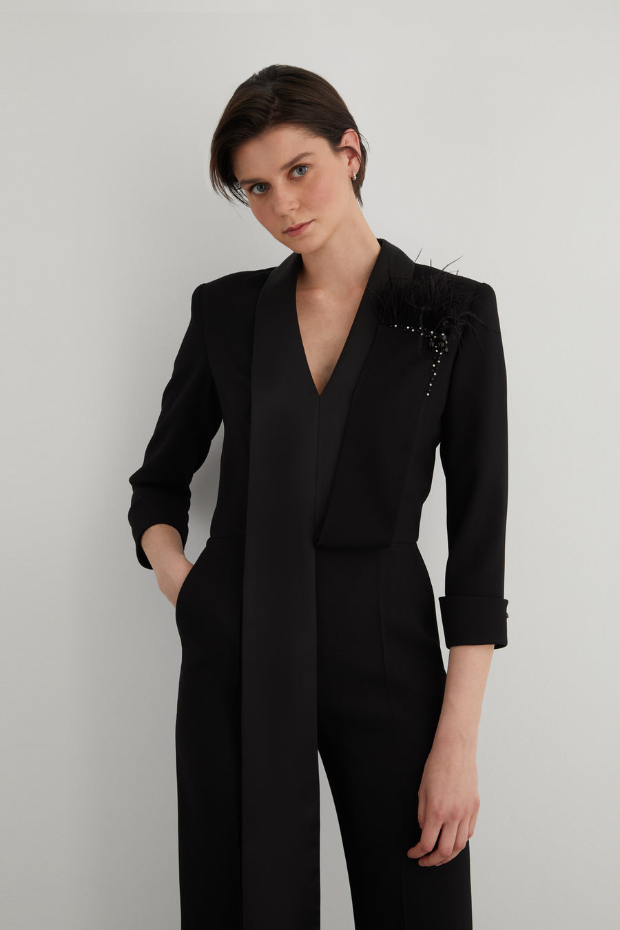 Black Jumpsuit With Fleece And Stone Details | Porterist