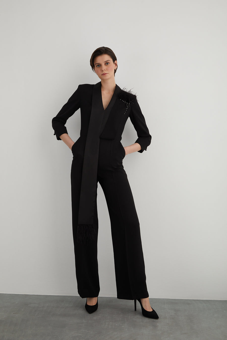 Black Jumpsuit With Fleece And Stone Details | Porterist