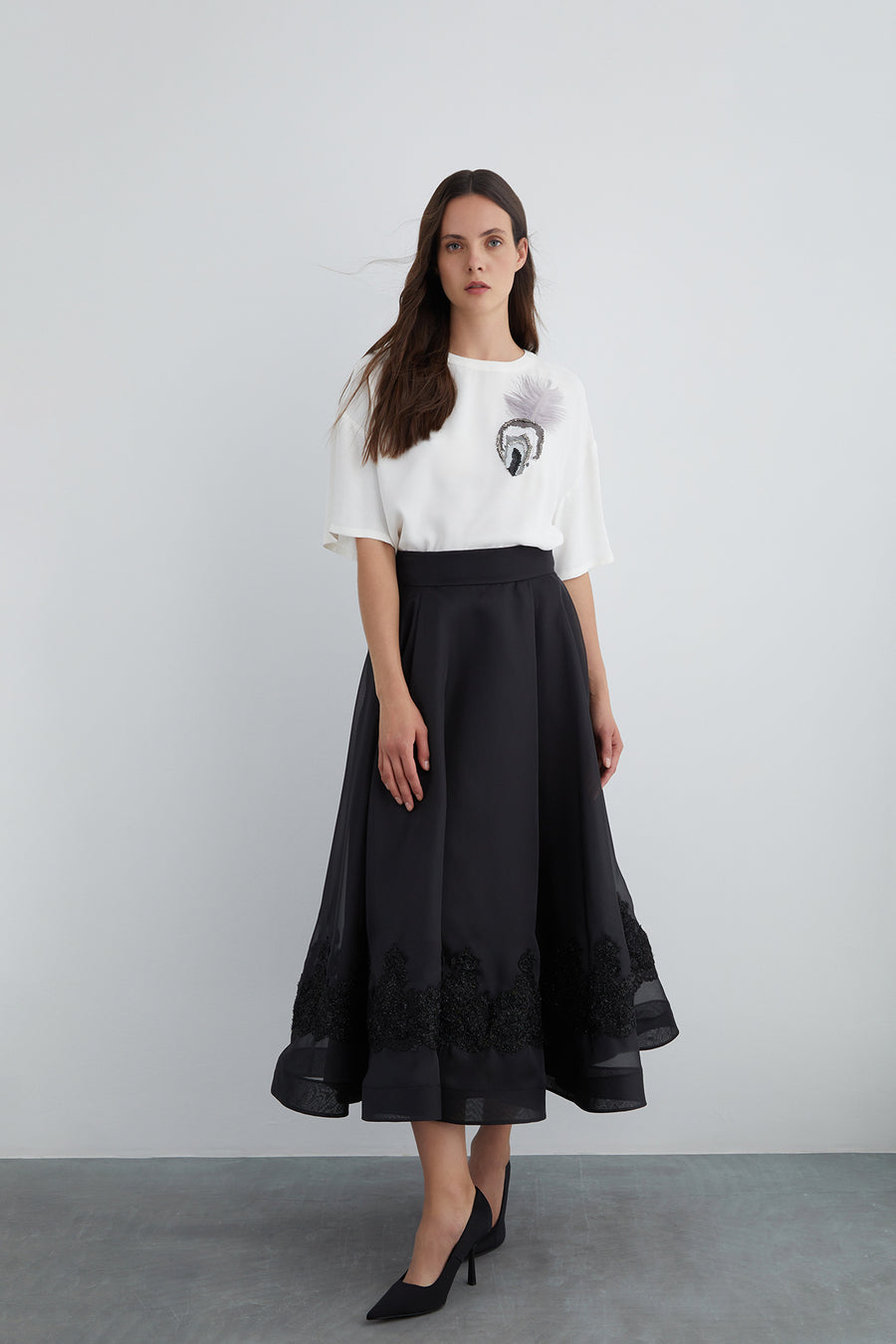 Black Organza Skirt With Lace Detail | Porterist