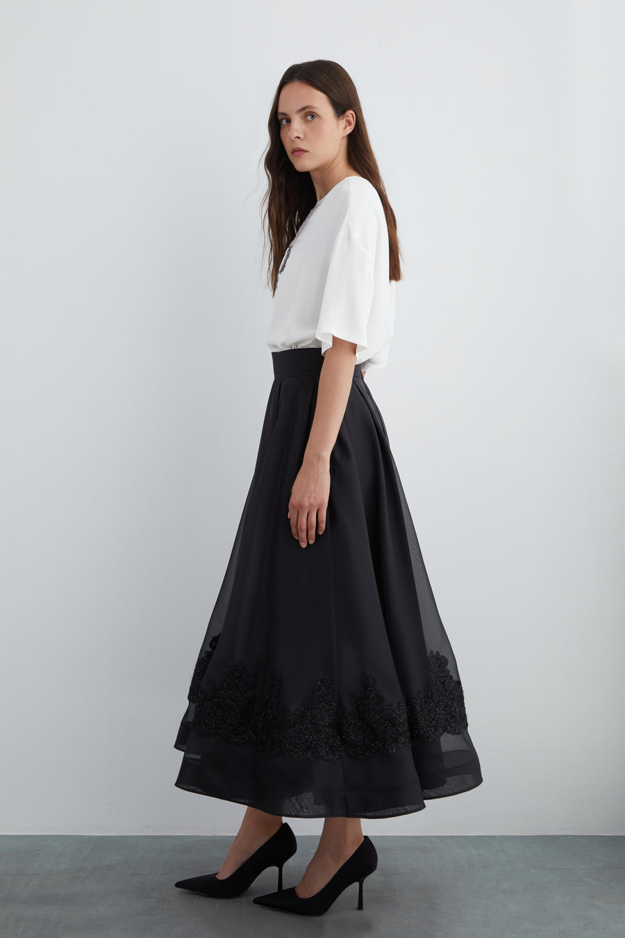 Black Organza Skirt With Lace Detail | Porterist