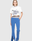 Blue Pants With Knitwear Rib Band Belt And Slit Trotter