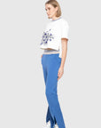 Blue Pants With Knitwear Rib Band Belt And Slit Trotter