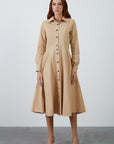 Brown Mid Length Shirt Dress With Neckband Flared Skirt