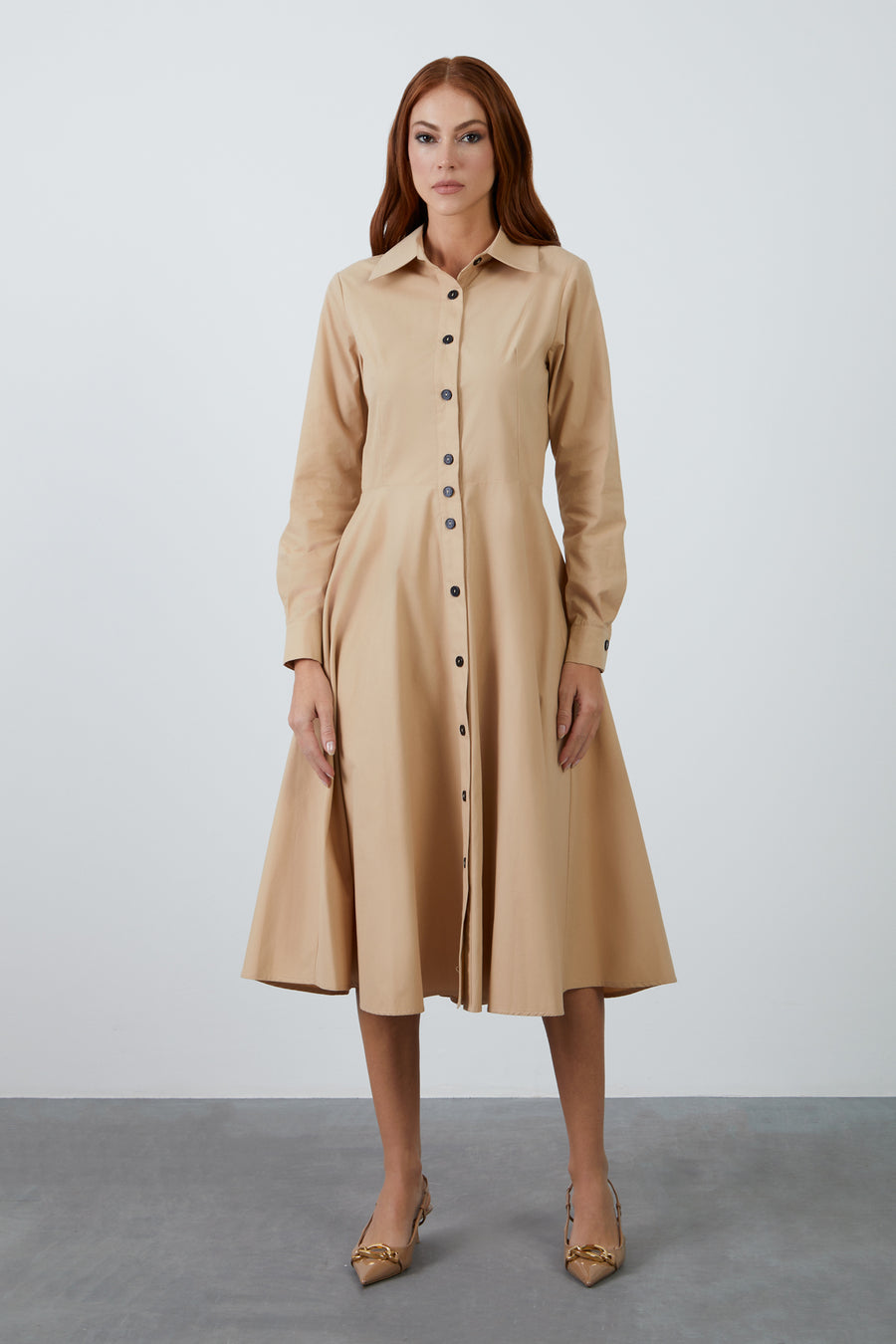 Brown Mid Length Shirt Dress With Neckband Flared Skirt