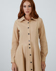 Brown Mid Length Shirt Dress With Neckband Flared Skirt