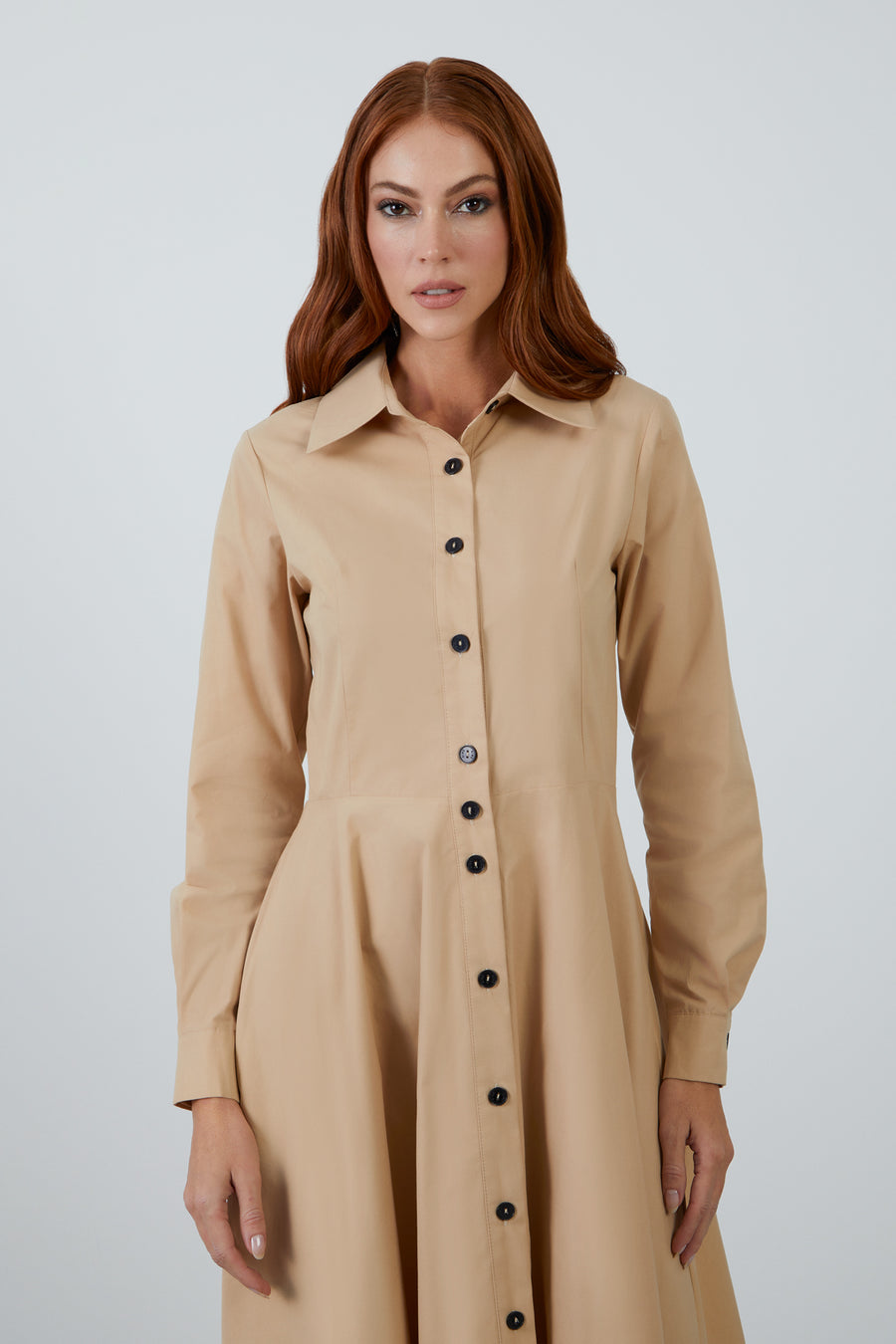 Brown Mid Length Shirt Dress With Neckband Flared Skirt