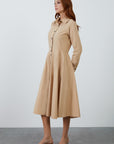 Brown Mid Length Shirt Dress With Neckband Flared Skirt