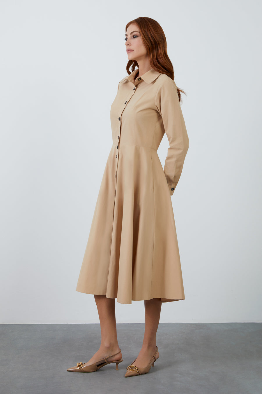 Brown Mid Length Shirt Dress With Neckband Flared Skirt