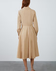 Brown Mid Length Shirt Dress With Neckband Flared Skirt