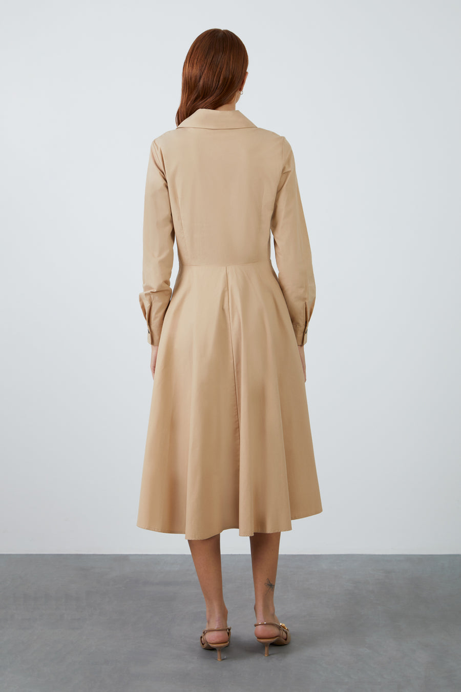 Brown Mid Length Shirt Dress With Neckband Flared Skirt