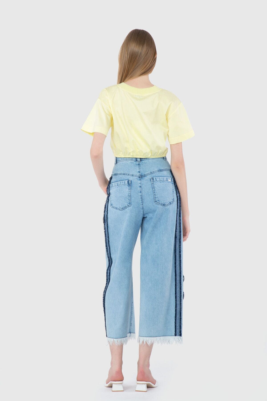 Crop Length Poplin Yellow Blouse With Embroidery Detail