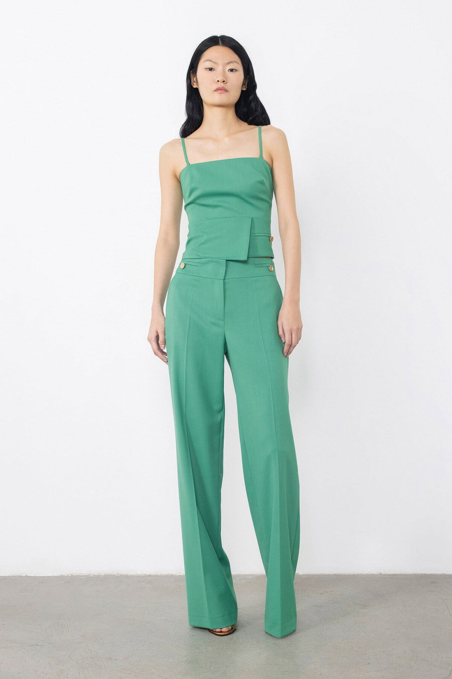 Green Trousers With Flato Pockets Gold Button Detail