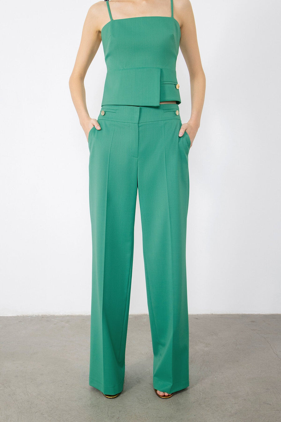 Green Trousers With Flato Pockets Gold Button Detail