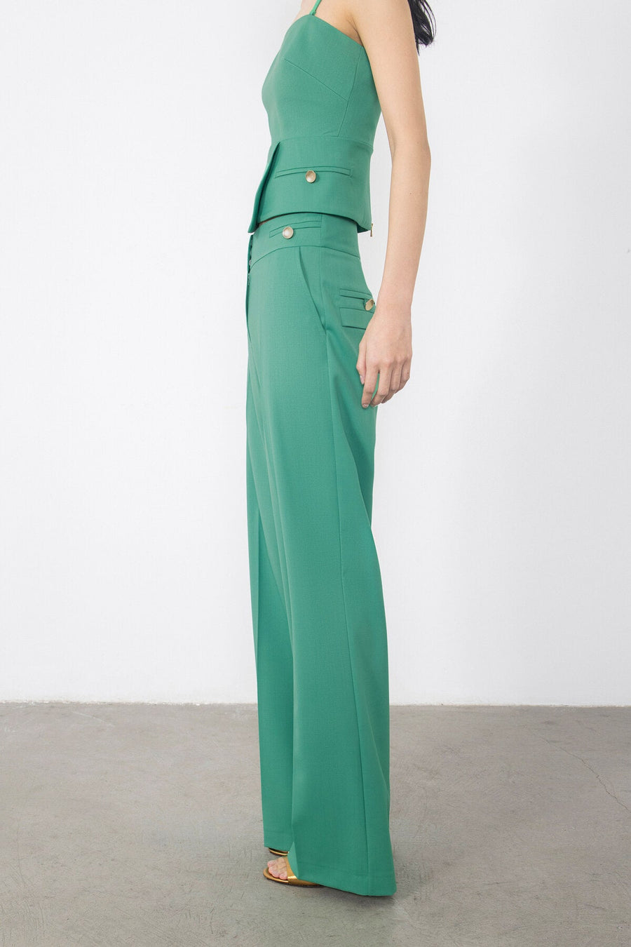 Green Trousers With Flato Pockets Gold Button Detail