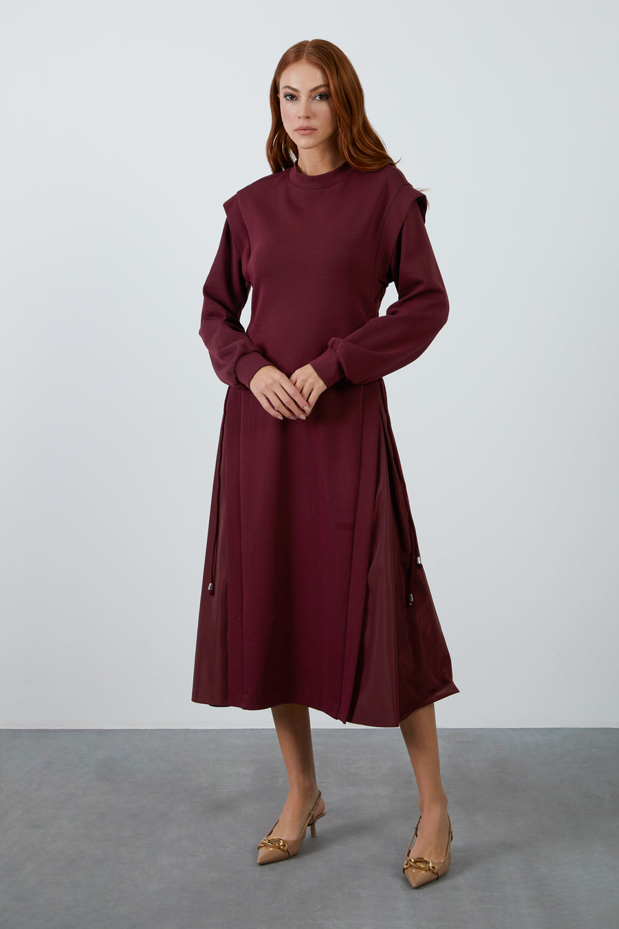 Knitted Mid Length Burgundy Sweat Sport Dress With Neckband