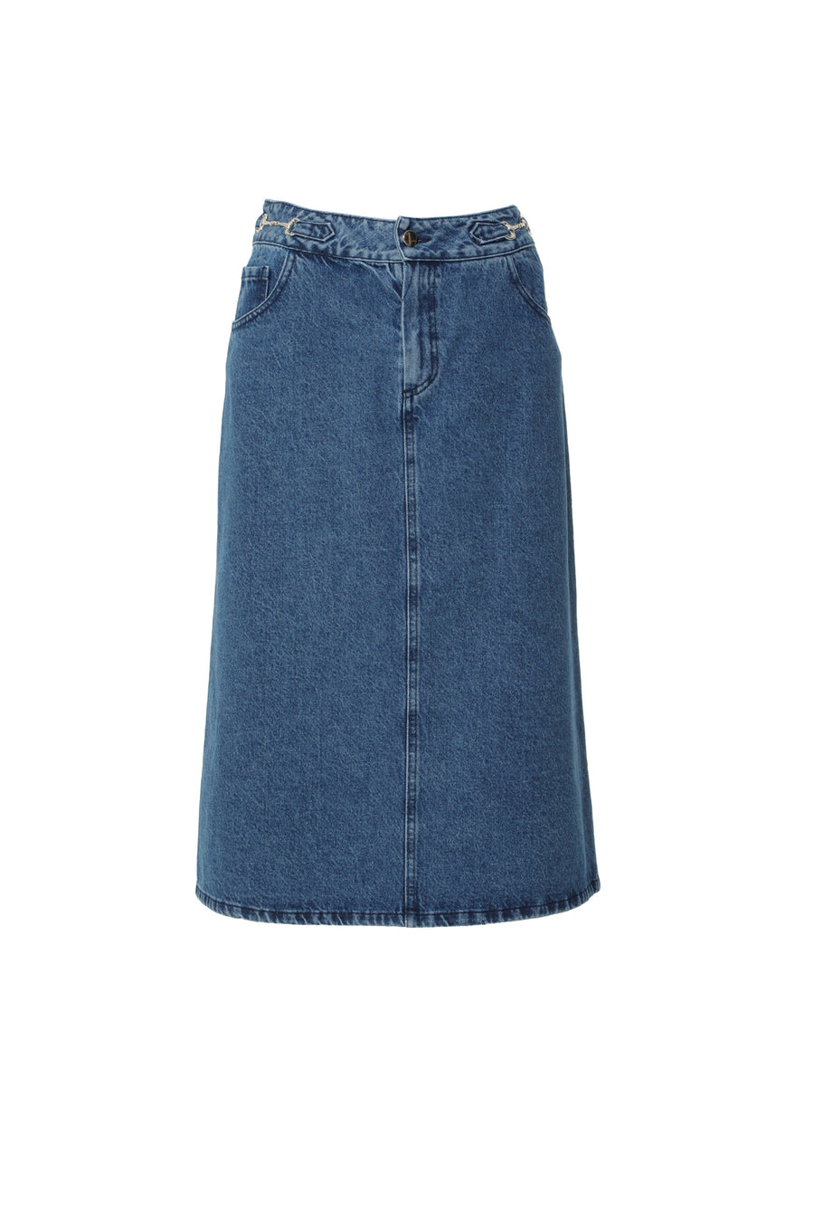 Midi Long Denim Skirt With Metal Joining Accessories Back