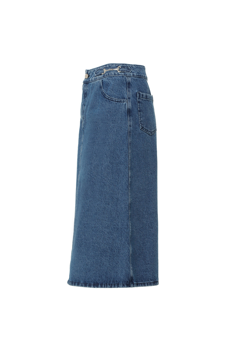 Midi Long Denim Skirt With Metal Joining Accessories Back