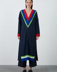 Navy Blue Long Cardigan With Contrast Knitwear Detail