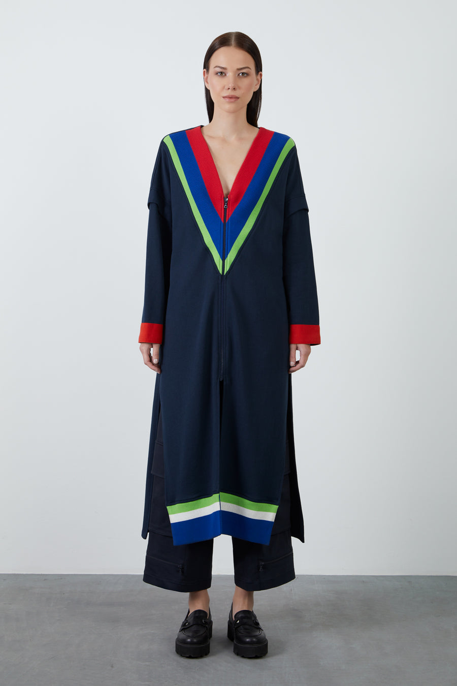 Navy Blue Long Cardigan With Contrast Knitwear Detail