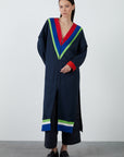 Navy Blue Long Cardigan With Contrast Knitwear Detail