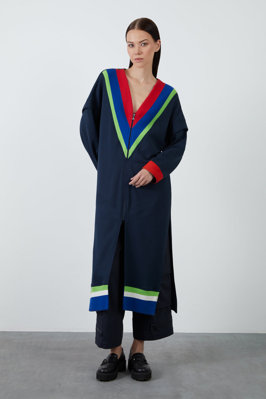 Navy Blue Long Cardigan With Contrast Knitwear Detail