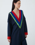 Navy Blue Long Cardigan With Contrast Knitwear Detail