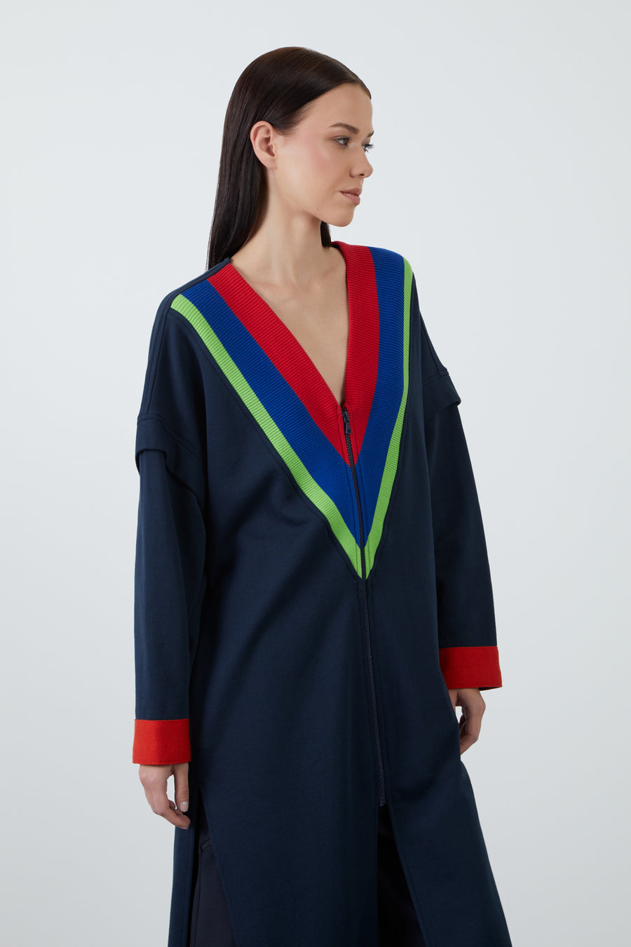 Navy Blue Long Cardigan With Contrast Knitwear Detail