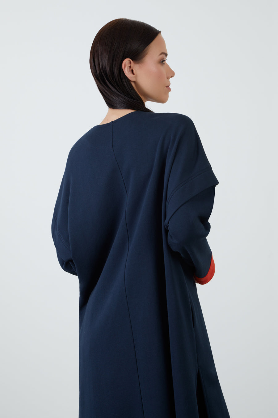 Navy Blue Long Cardigan With Contrast Knitwear Detail