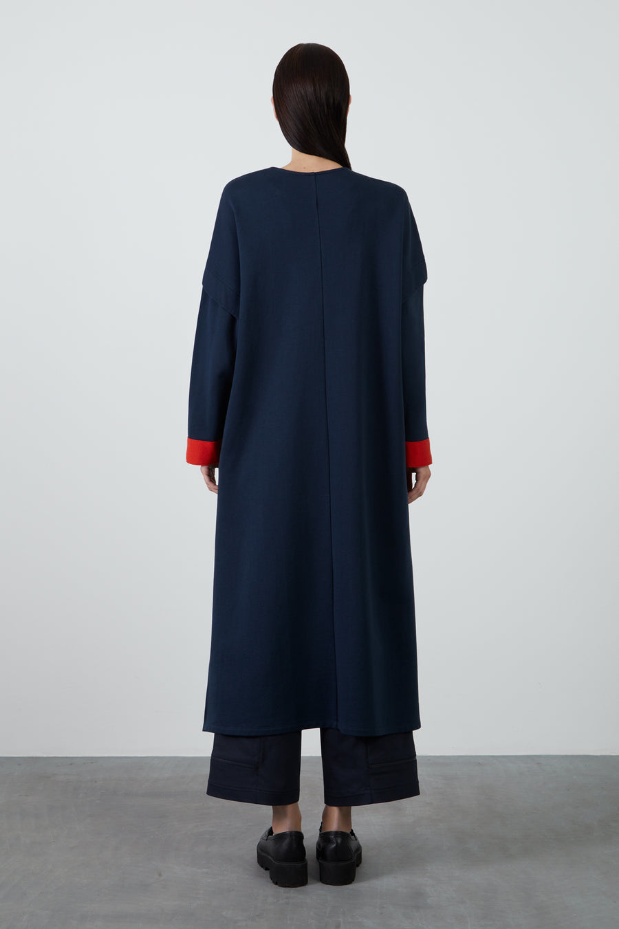 Navy Blue Long Cardigan With Contrast Knitwear Detail