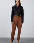 Pleated Brown Carrot Pants With Leather Belt Accessory