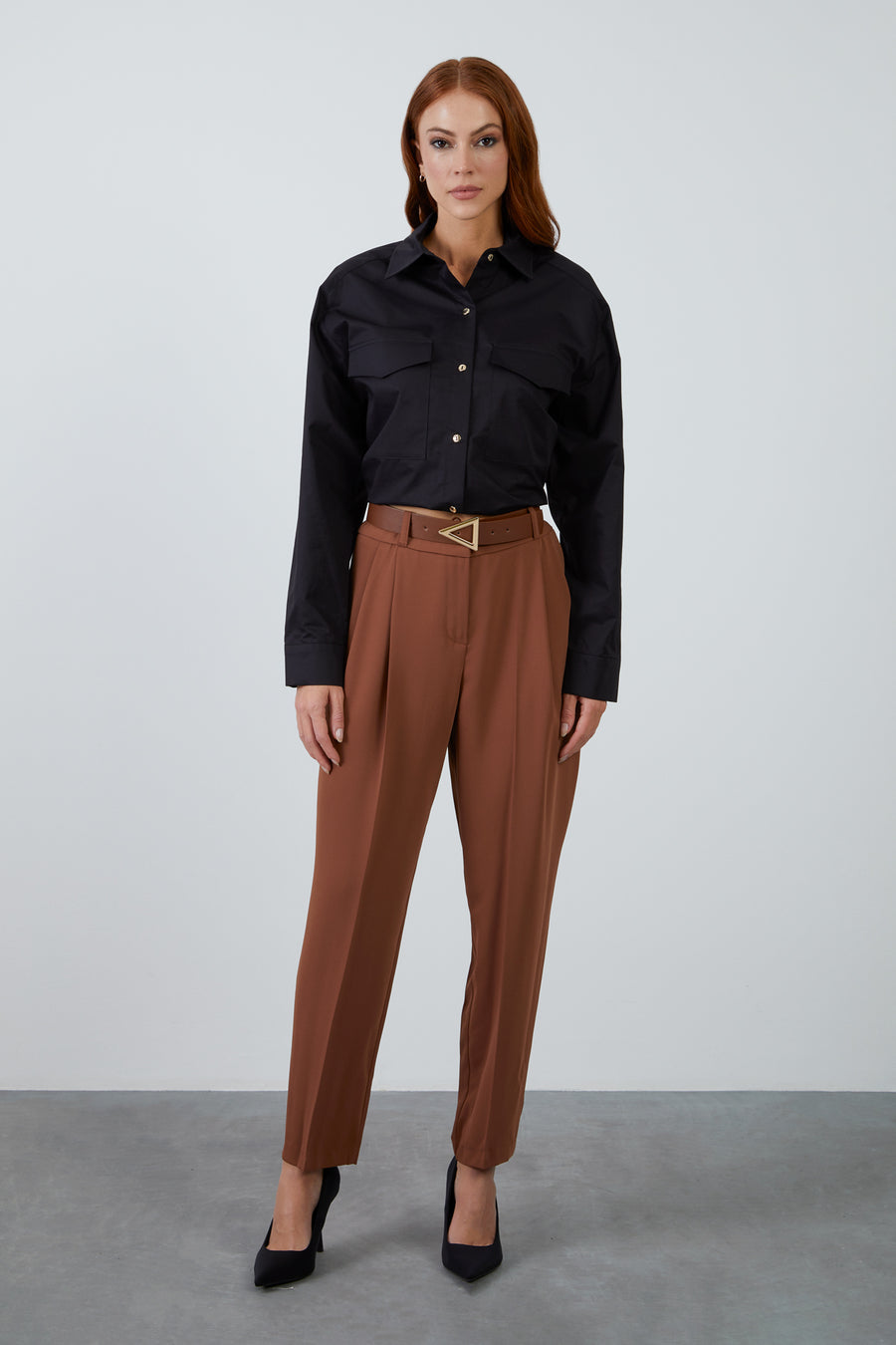 Pleated Brown Carrot Pants With Leather Belt Accessory