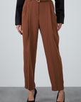 Pleated Brown Carrot Pants With Leather Belt Accessory