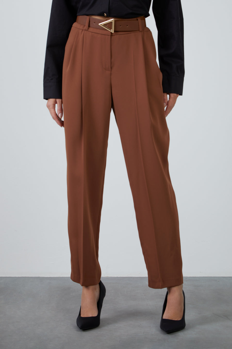 Pleated Brown Carrot Pants With Leather Belt Accessory