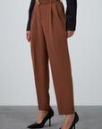 Pleated Brown Carrot Pants With Leather Belt Accessory