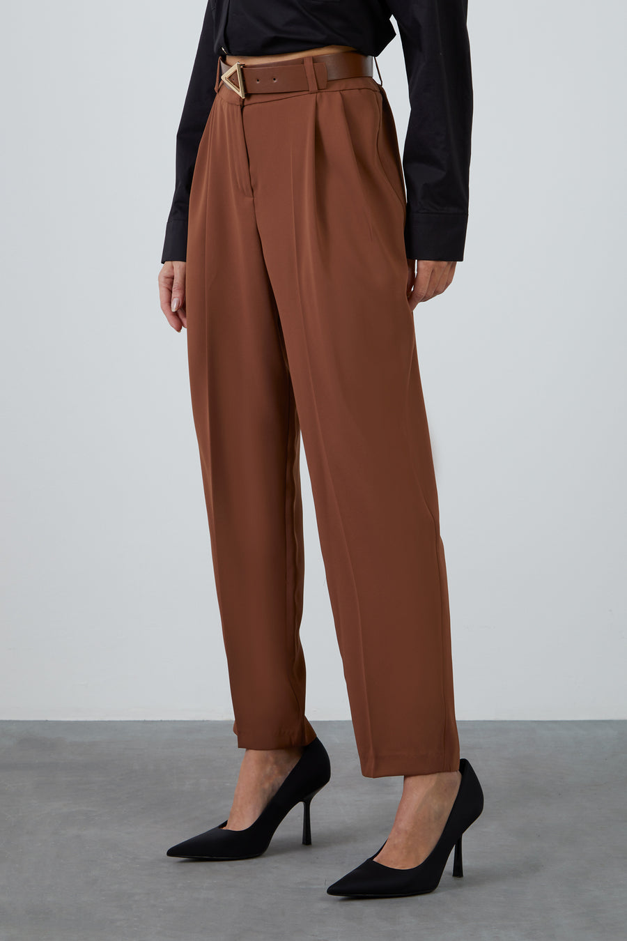 Pleated Brown Carrot Pants With Leather Belt Accessory