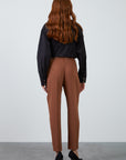 Pleated Brown Carrot Pants With Leather Belt Accessory