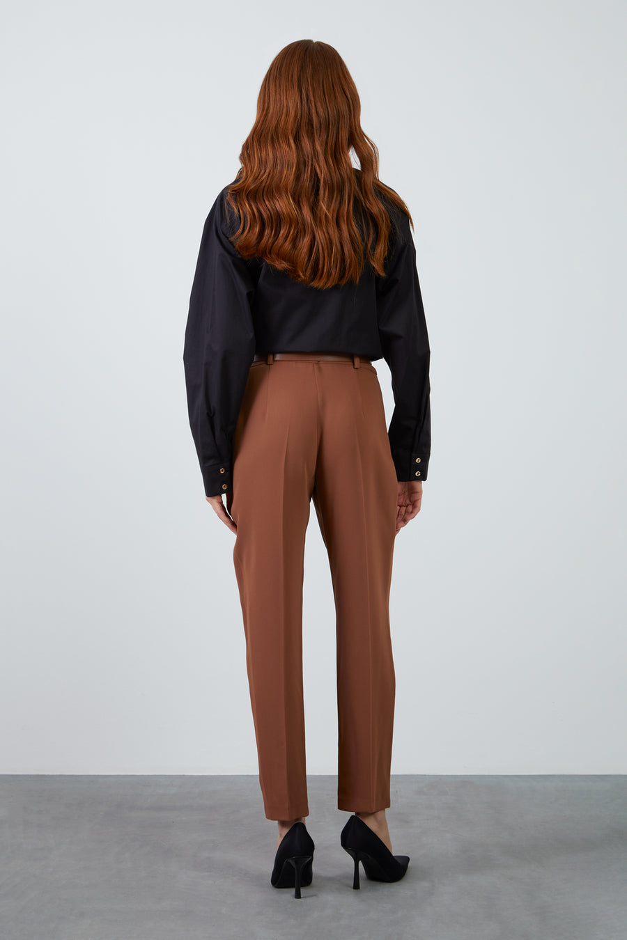 Pleated Brown Carrot Pants With Leather Belt Accessory