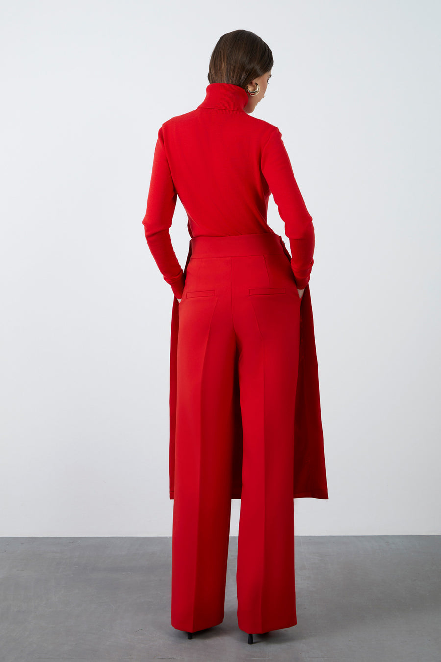 Red Wide Leg Pants With Removable Button Detail